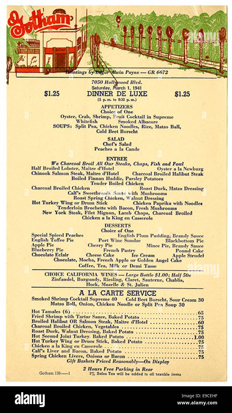 Ein Vintage-Menü des Gotham Delicatessen and Restaurant in Hollywood, das eine Momentaufnahme der Esskultur aus der Mitte des 20. Jahrhunderts in der berühmten Gegend von Los Angeles zeigt. Stockfoto