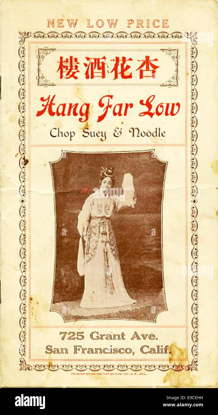 Dieses Foto zeigt das Menü von Hang Far Low, einem chinesisch-amerikanischen Restaurant in San Francisco. Das Restaurant ist bekannt für seine historische Bedeutung in Chinatown der Stadt. Stockfoto