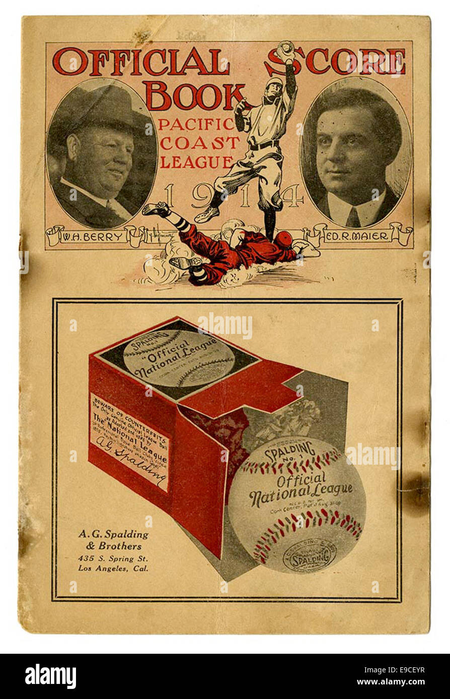 Ein Titelbild des offiziellen Filmmuches 1914 der Pacific Coast League. Dieses Buch dokumentiert die Partituren und Details der Spiele, die in der Baseballliga des frühen 20. Jahrhunderts gespielt wurden. Stockfoto