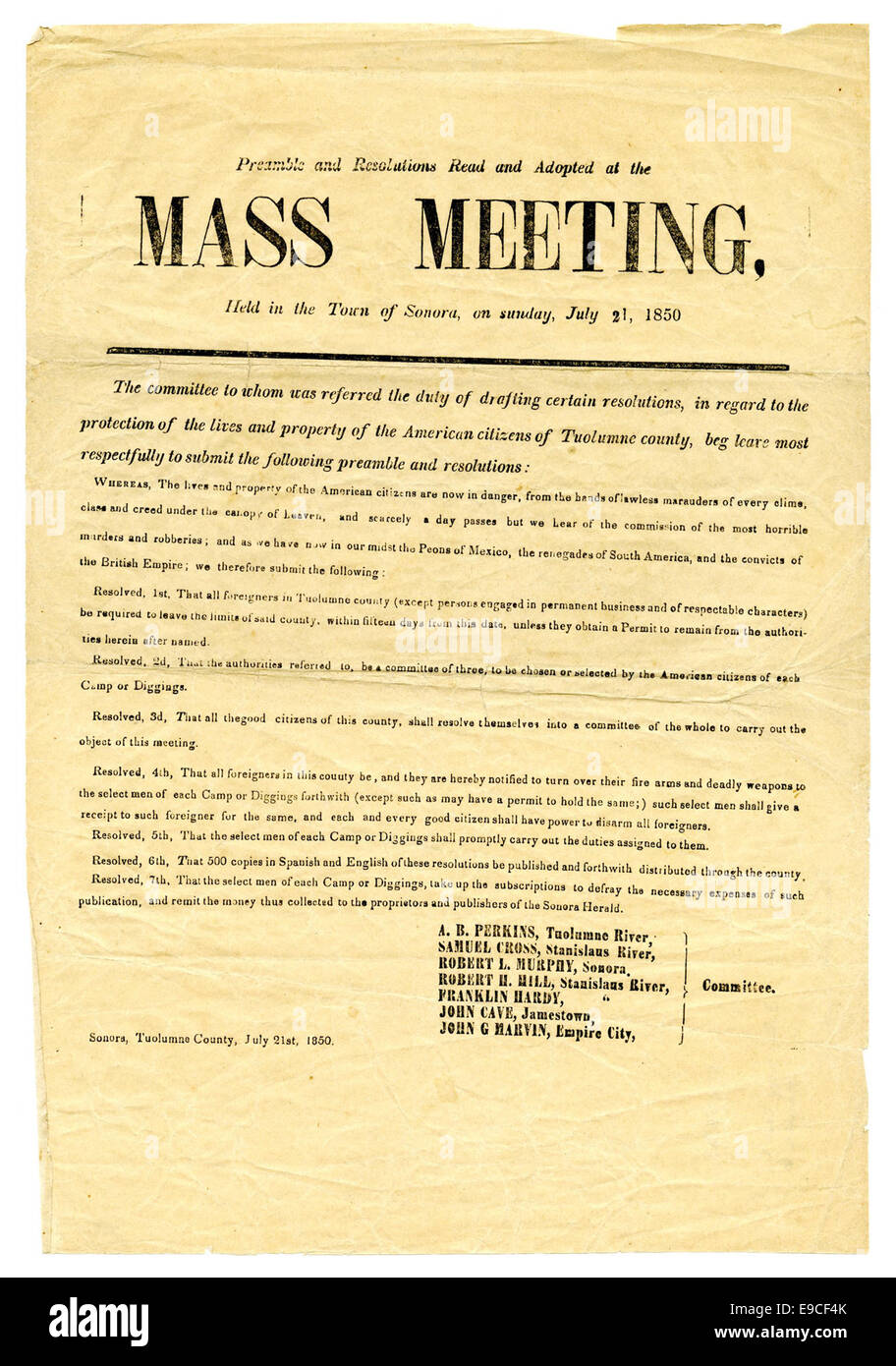 Präambel und Resolutionen gelesen und auf die Masse, die Sitzung in der Stadt Sonora, auf Sonntag, 21. Juli 1850 angenommen Stockfoto