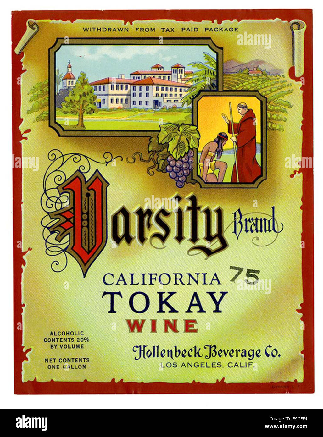 Weinetikett, Hollenbeck Beverage Co., Varsity Marke California Tokajer Wein Stockfoto