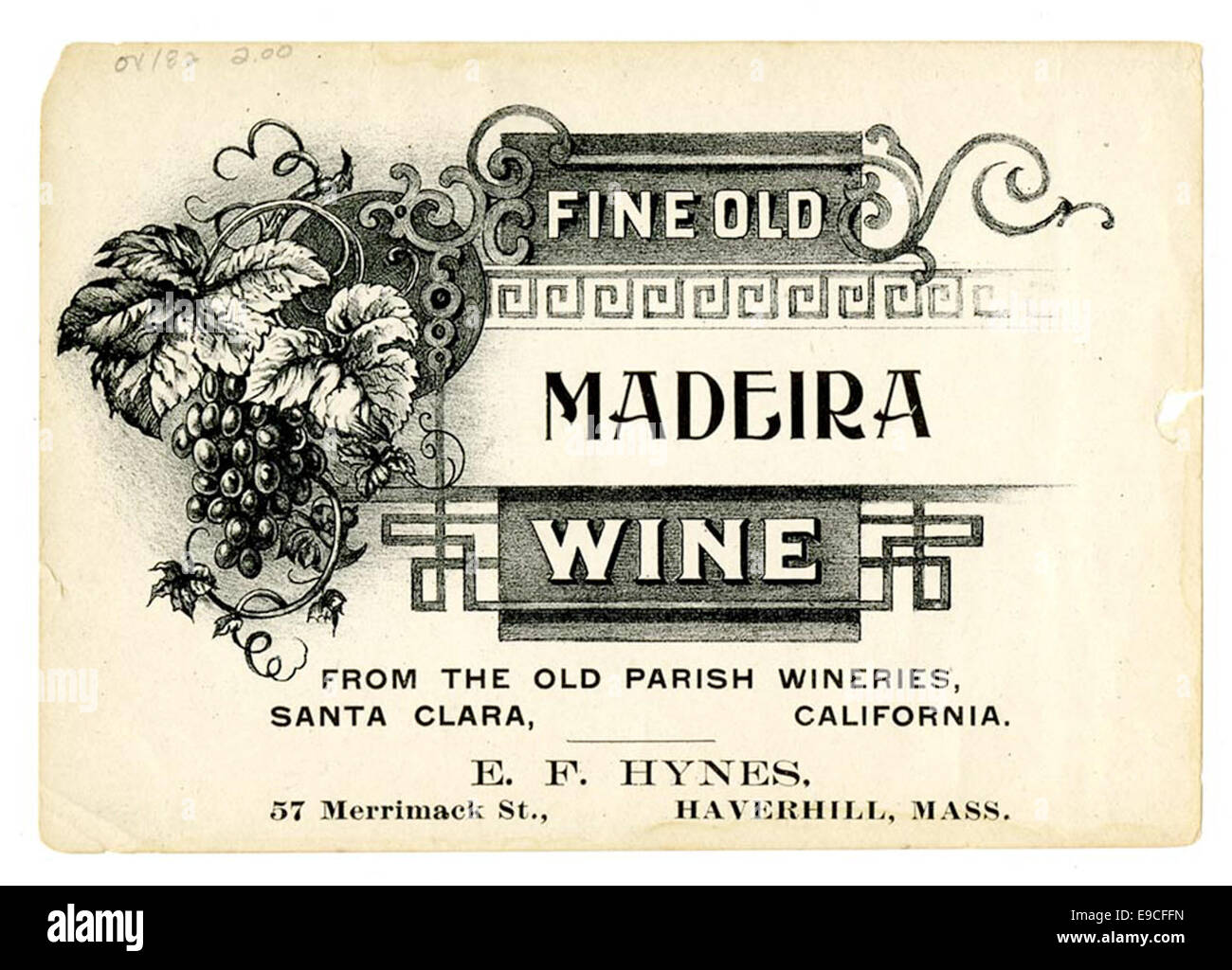 Weinetikett, alte Pfarrei Weingüter, Santa Clara, feinen alten Madeira-Wein Stockfoto