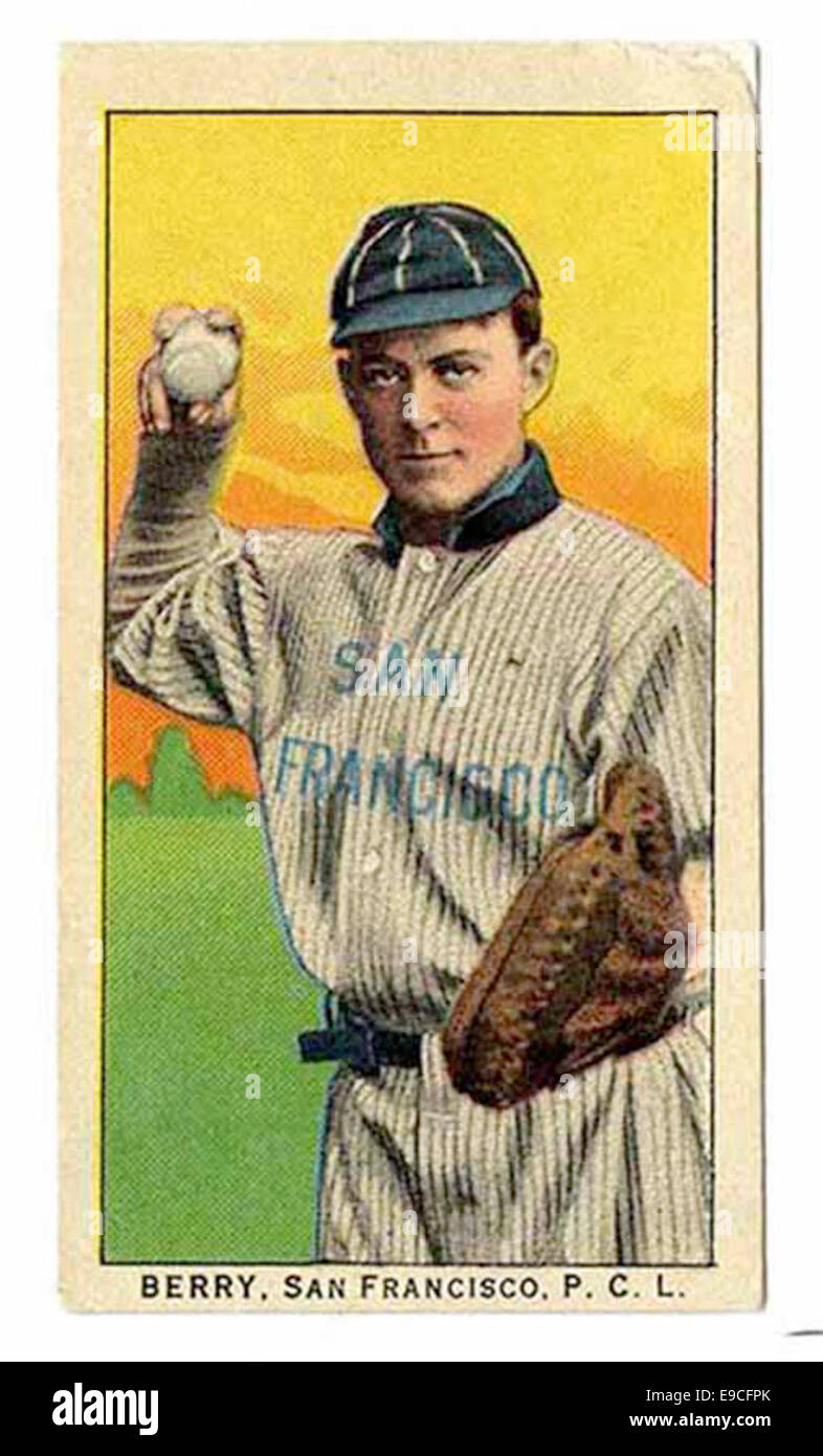Dieses Bild zeigt Claude Berry, einen Fänger für die San Francisco Seals, auf einer Zigarettenkarte von Obak aus dem Jahr 1910, die die Baseballkultur des frühen 20. Jahrhunderts unterstreicht. Stockfoto