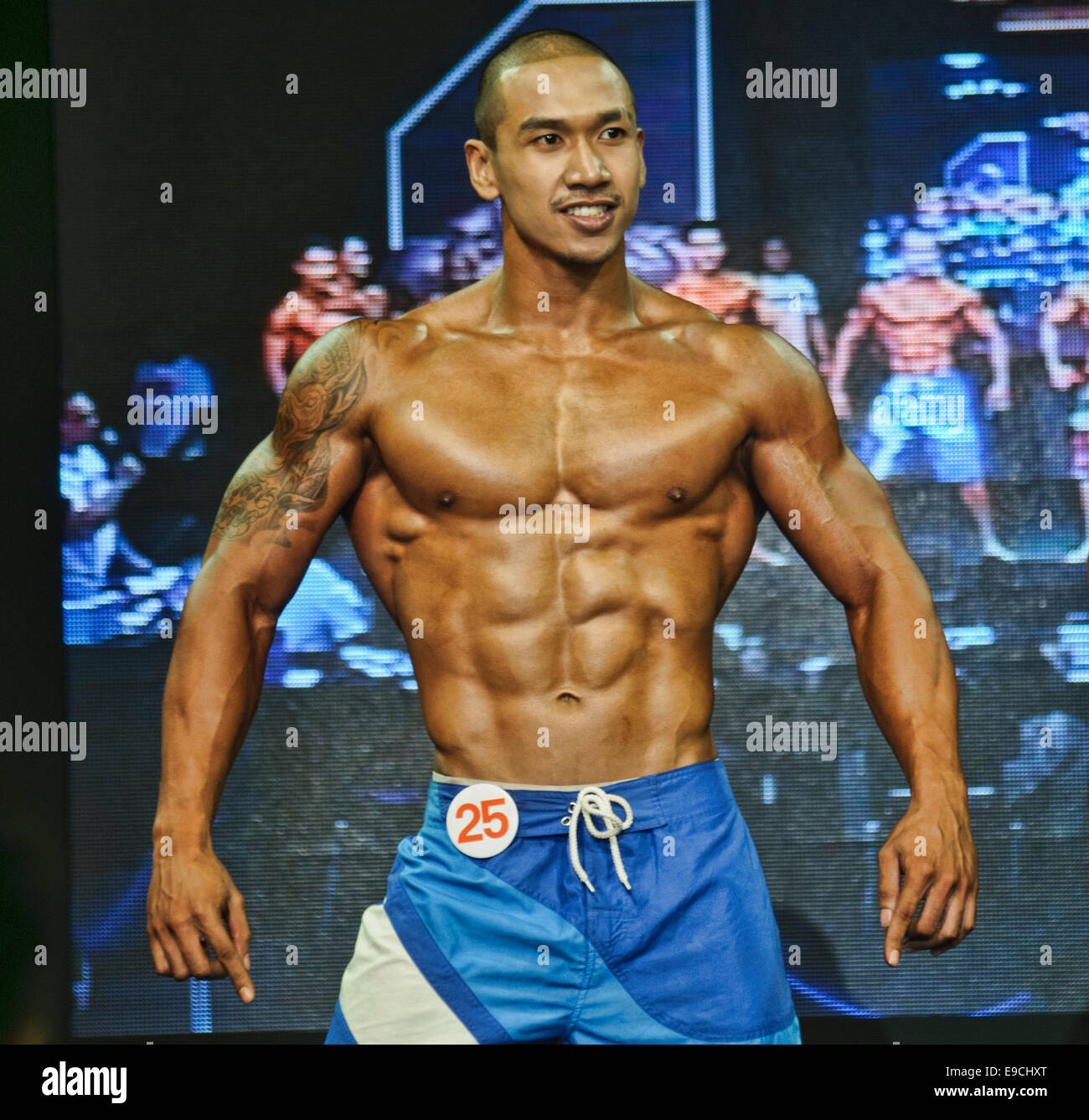 Bodybuilding-Wettbewerb an der Central World Bangkok, Thailand Stockfoto