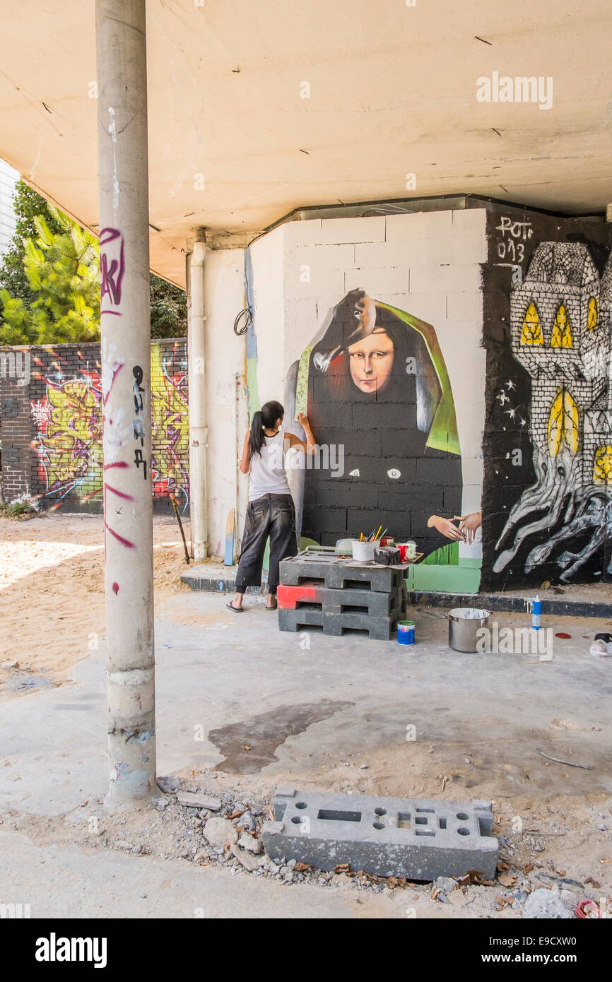 junge Frau malen ein Wandbild an der Wand eines besetzten Hauses, Paris, Ile de France, Frankreich Stockfoto