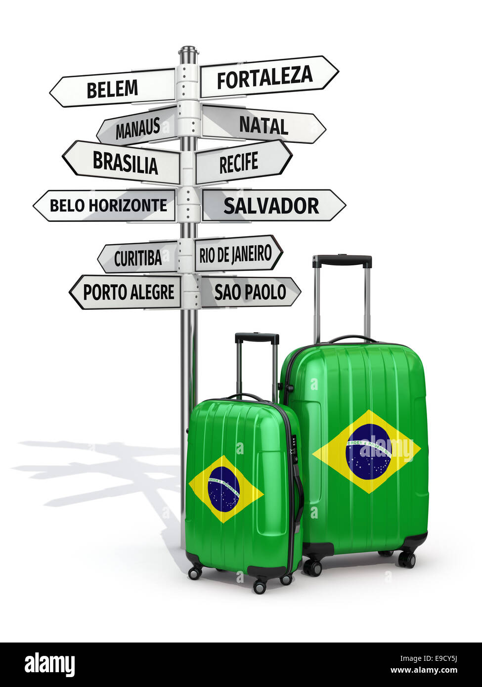 Reisekonzept. Koffer und Wegweiser was in Brasilien besuchen.  3D Stockfoto