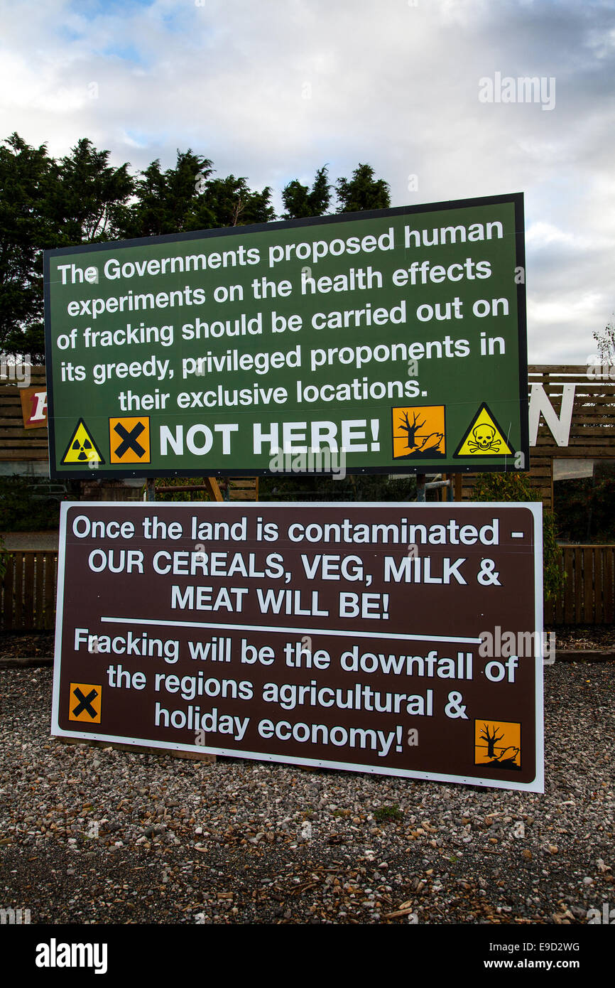 Westby, Preston, Lancashire, 24. Oktober 2014. Anti-Fracking Schilder am Straßenrand errichtet und von lokalen Geschäftsmann Herr John Toothill, der Ahorn Bauernhof Gärtnerei, die sich auf seinem eigenen Eingeständnis obsessive ist über seine Einwände gegen die vorgeschlagenen fracking im nahe gelegenen Plumpton gezahlt. Lancashire County Council erwägt Cuadrilla der Planung Anwendung und Sie stoßen starke Gemeinschaft widerstand. Das Unternehmen hat zwei Anwendungen in Lancashire, in denen mehr als 14.000 Bewohner Briefe Einwand zum County Council gesendet haben, Frack. Stockfoto