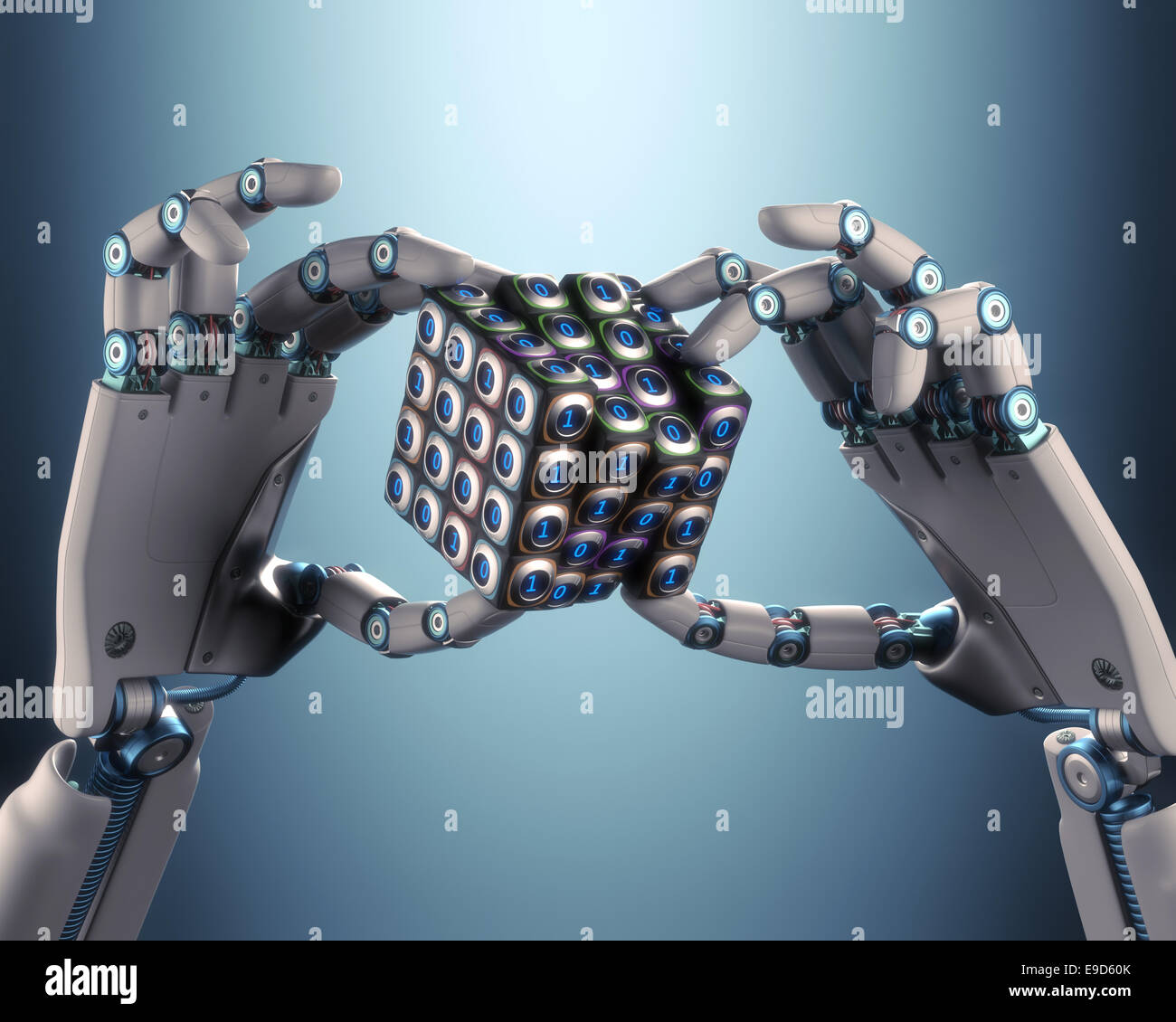 Roboterhand hält eine binäre Cube-Konzept der logischen Verarbeitung. Clipping-Pfad enthalten. Stockfoto
