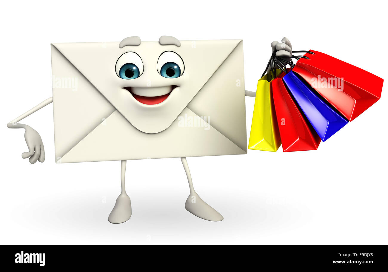 Cartoon-Figur von Mail mit Einkaufstasche Stockfoto