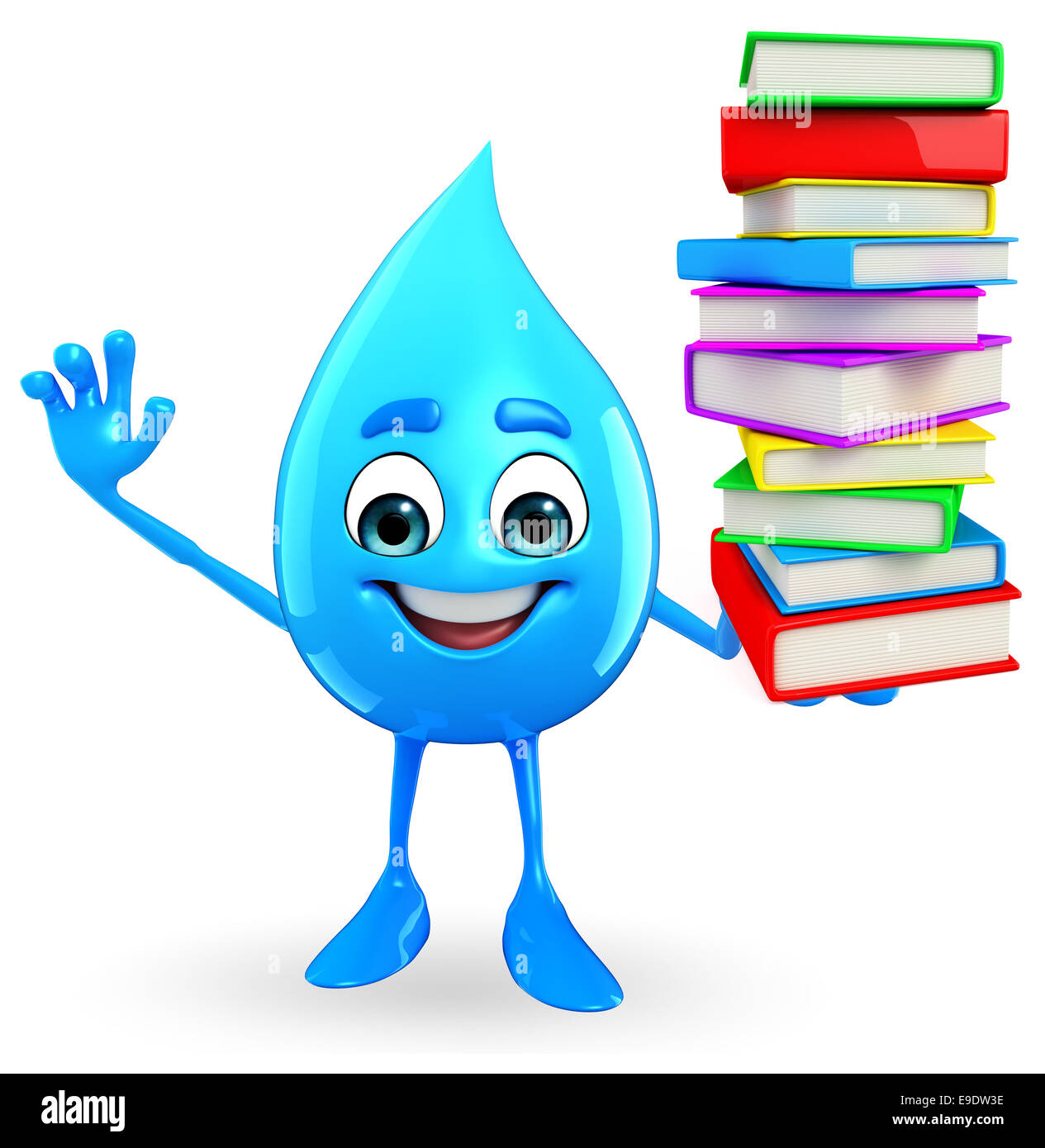 Cartoon Charakter von Wasser fallen mit Bücher-Stapel Stockfoto