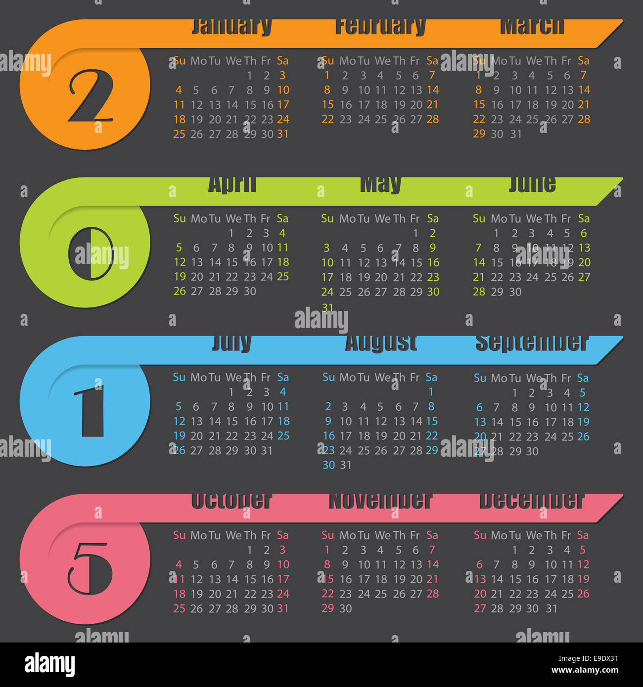 2015 Kalenderdesign mit bunten Bändern auf dunklem Hintergrund Stockfoto