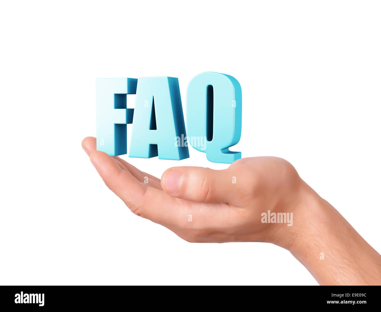 Bild von Hand mit häufig gestellten Fragen. FAQ-Konzept. 3D Abbildung auf weißem Hintergrund Stockfoto
