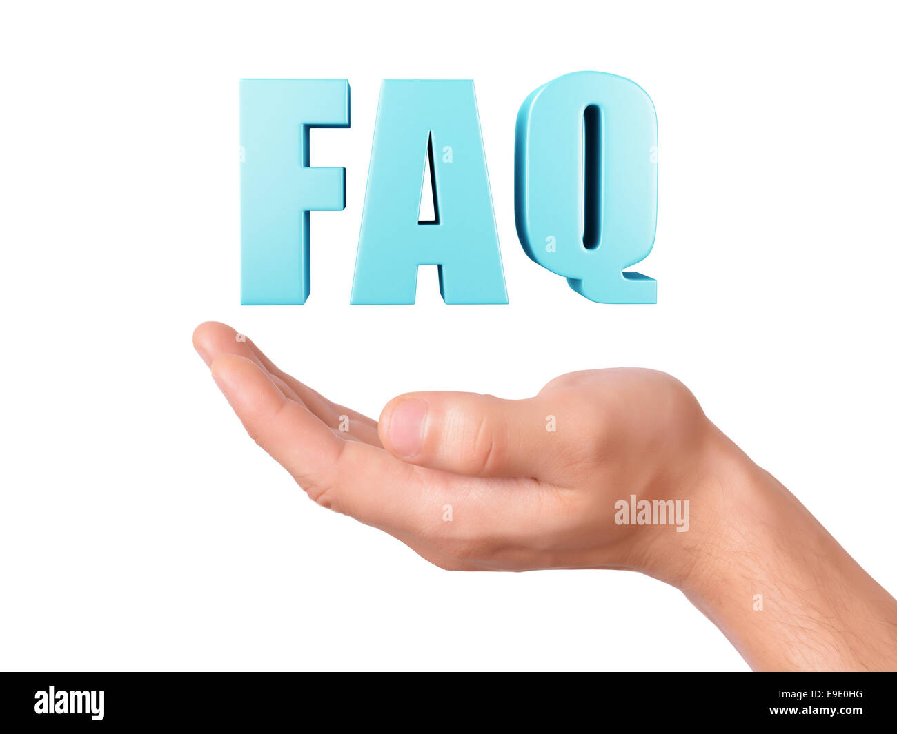 Bild von Hand mit häufig gestellten Fragen. FAQ-Konzept. 3D Abbildung auf weißem Hintergrund Stockfoto