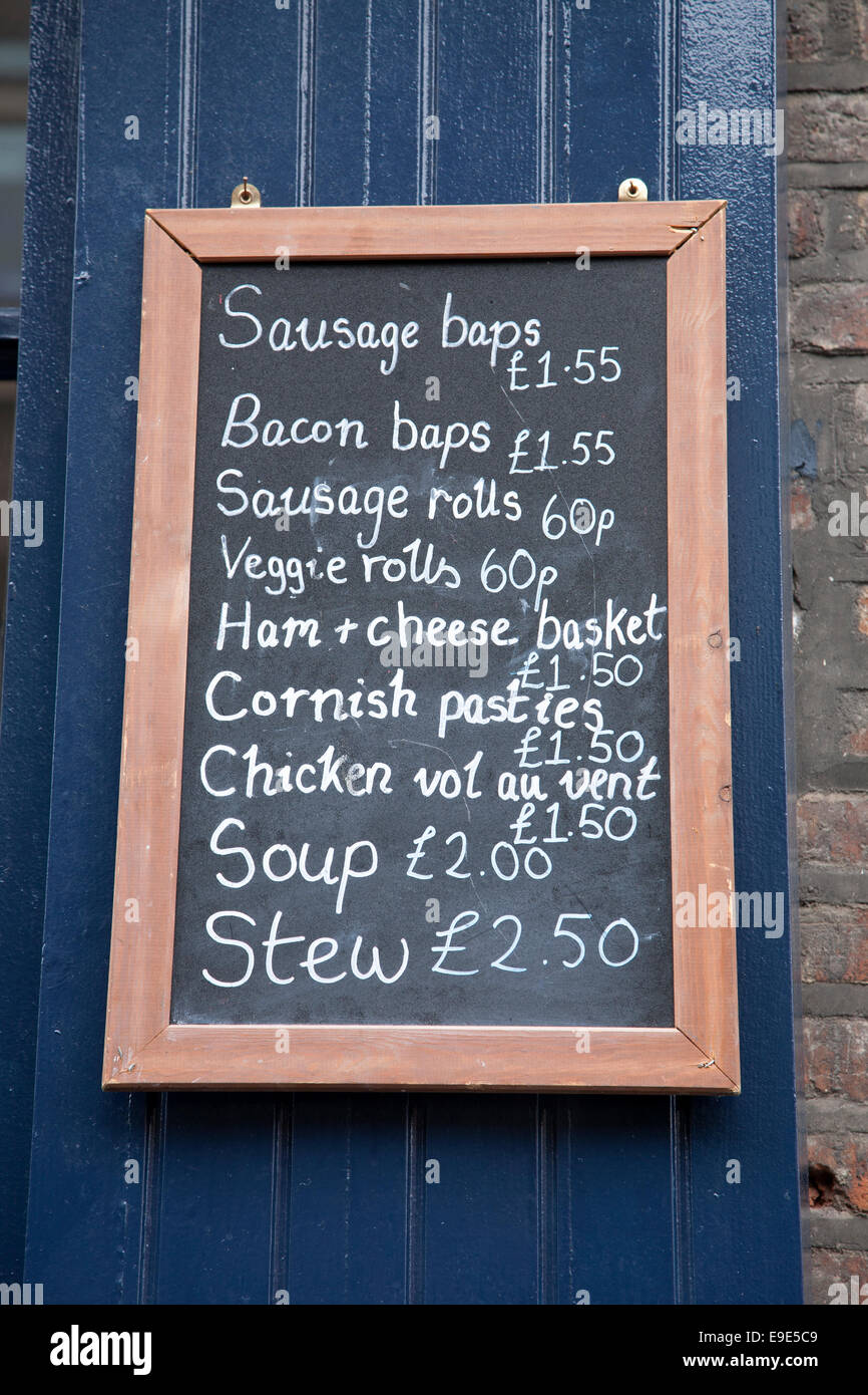 Snack-Speisekarte in englischer Sprache Stockfoto