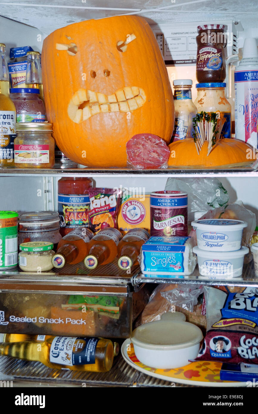 gut gefüllten Kühlschrank komplett mit Kürbis zu Halloween auf Marthas Vineyard usa Stockfoto