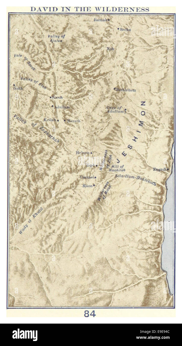 Eine Illustration aus Maccouns Werk von 1899, Seite 89, zeigt die biblische Figur David in der Wildnis. Das Bild spiegelt wahrscheinlich einen Moment der Einsamkeit oder des Kampfes während Davids Exil wider. Stockfoto