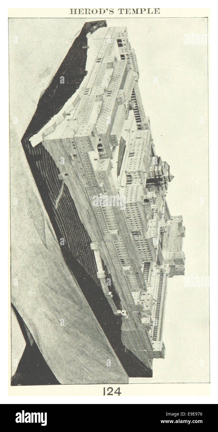 Diese Illustration von Maccoun aus dem Jahr 1899 zeigt ein detailliertes Modell von Herodes Tempel, einem alten jüdischen Tempel, der in Jerusalem stand. Sie wurde von König Herodes erbaut und war das Zentrum der jüdischen Anbetung, bevor sie 70 n. Chr. zerstört wurde. Stockfoto