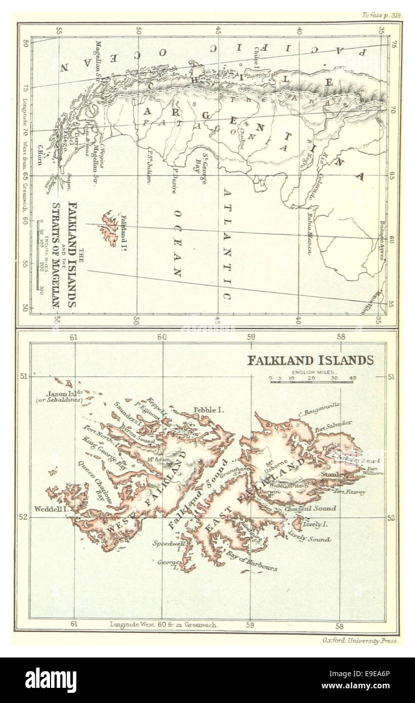 Karte der Falkland-Inseln und die Straße von Magellan (1888) Stockfoto