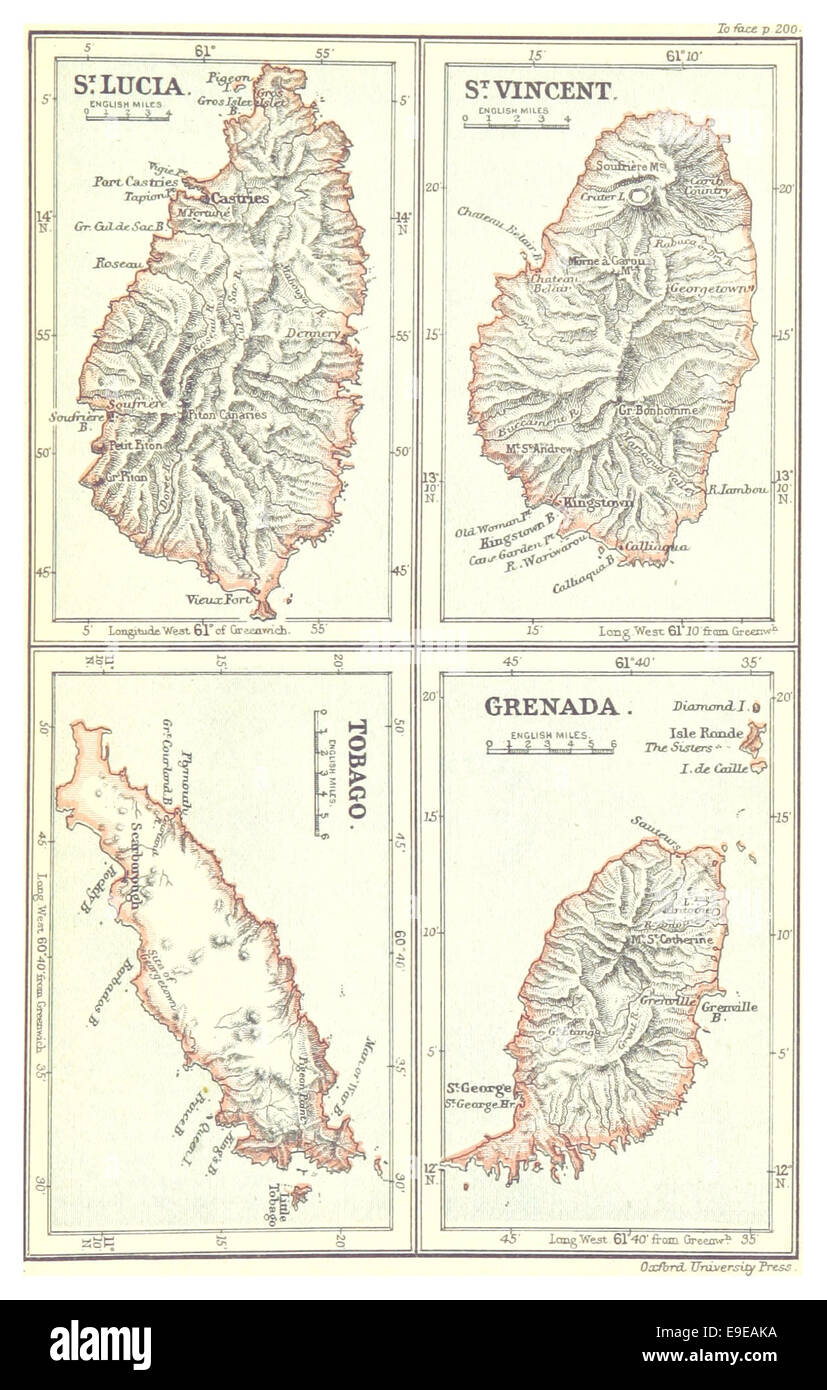 Eine Karte aus dem Jahr 1888, die die karibischen Inseln St. Lucia, St. Vincent, Tobago und Grenada zeigt. Die Karte gibt Einblicke in die Geographie und die politischen Grenzen dieser Inseln während des späten 19. Jahrhunderts. Stockfoto