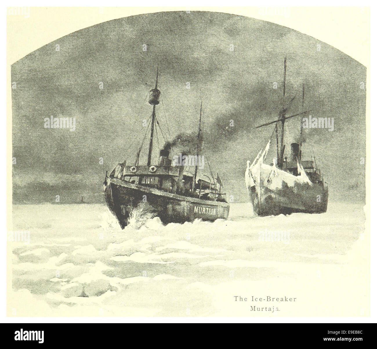Diese Illustration von Mechelin aus dem Jahr 1894 zeigt den Eisbrecher Murataja, ein Schiff, das für die Navigation durch eisige Gewässer konzipiert wurde und die Schiffstechnik des frühen 20. Jahrhunderts zeigt. Stockfoto