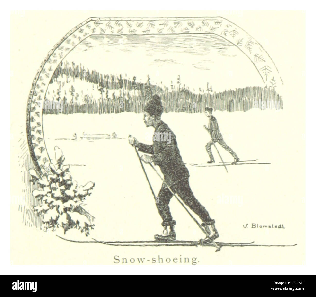 Eine Illustration aus Mechelins Buch von 1894, die Menschen beim Schneeschuhwandern in einer verschneiten Landschaft zeigt. Das Bild fängt die Aktivität und Kleidung der Winterreisenden im späten 19. Jahrhundert ein. Stockfoto