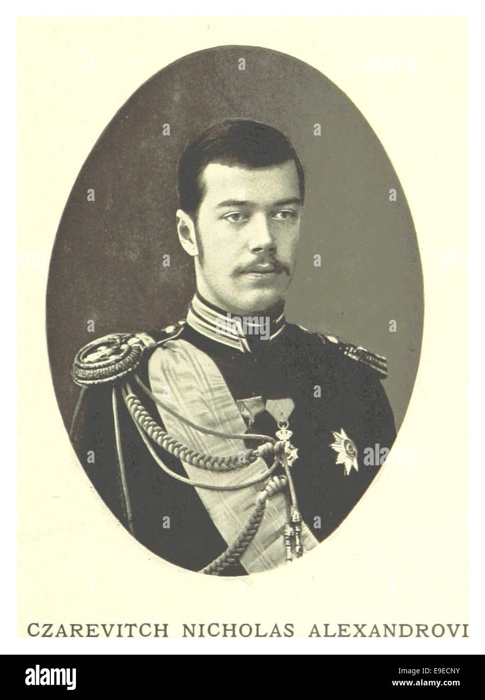 Eine Illustration aus Mechelin aus dem Jahr 1894 mit Zarewitsch Nikolaus Alexandrowitsch, dem Erben des russischen Throns, bietet ein Porträt des zukünftigen Zaren und seiner königlichen Stellung. Stockfoto