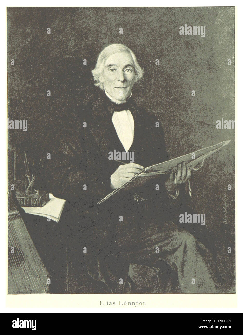 Diese 1894 von Mechelin gefertigte Illustration zeigt Elias Lönnrot, einen finnischen Arzt, Philologen und Volkskünstler. Die Zeichnung betont seine Beiträge zur finnischen Literatur und zur Erforschung der Folklore. Stockfoto