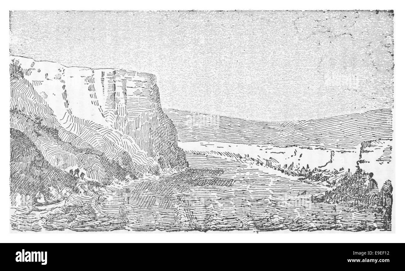 Diese Illustration von Moreno aus dem Jahr 1879 zeigt die Barrancas del Río Santa Cruz, eine bemerkenswerte geographische Besonderheit in Argentinien, die für ihre dramatischen Klippen und die natürliche Schönheit bekannt ist. Stockfoto