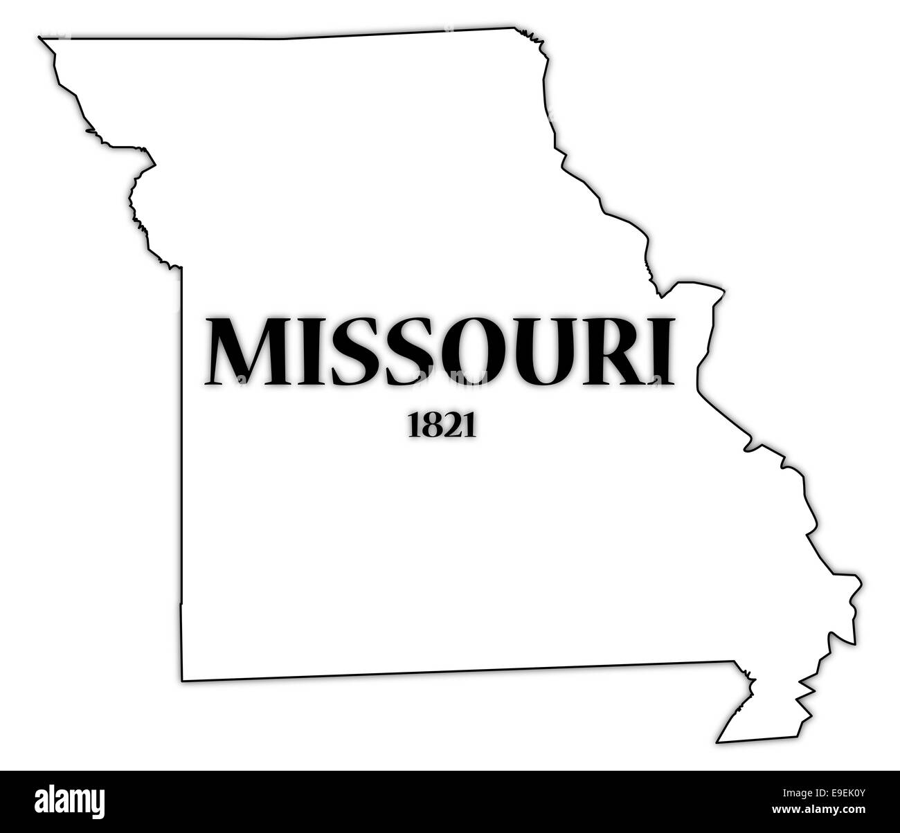 Ein Umriss des Bundesstaates Missouri mit dem Datum der Eigenstaatlichkeit isoliert auf weißem Hintergrund Stockfoto