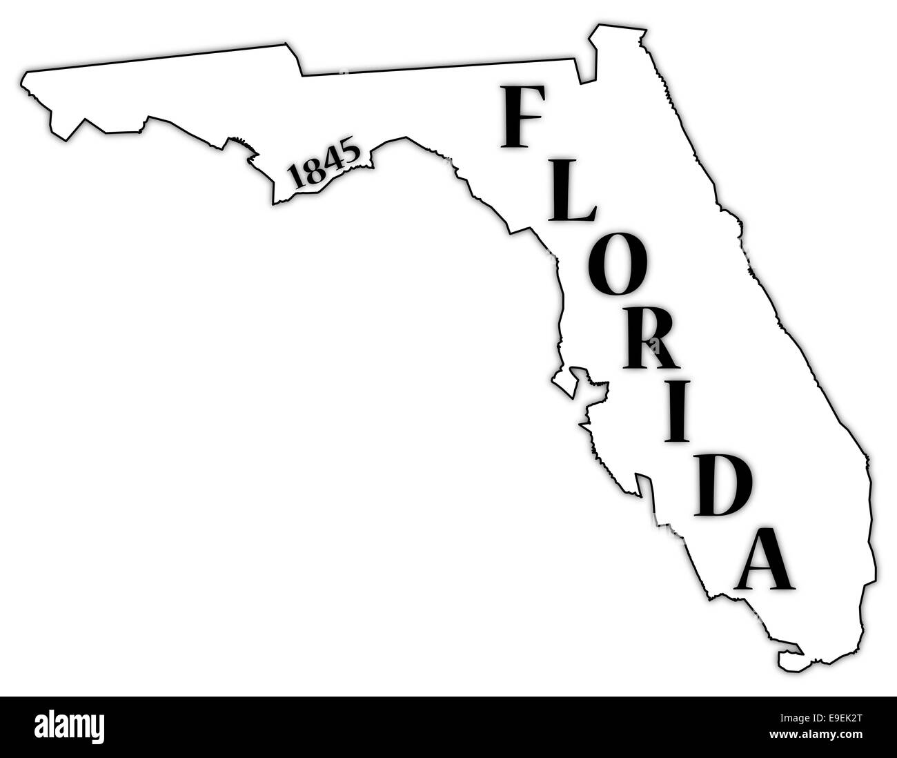 Ein Umriss des Bundesstaates Florida mit dem Datum der Eigenstaatlichkeit isoliert auf weißem Hintergrund Stockfoto
