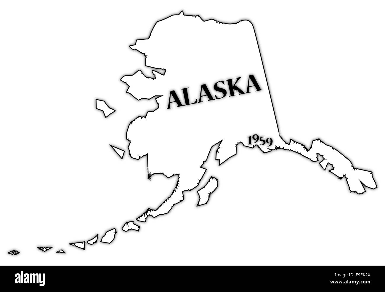Ein Umriss des Bundesstaates Alaska mit dem Datum der Eigenstaatlichkeit isoliert auf weißem Hintergrund Stockfoto