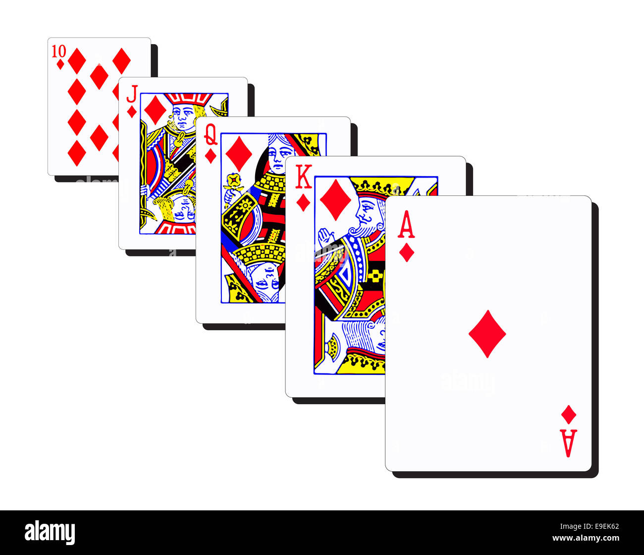 Ein Royal Flush mit unterschiedlich großen Karten isoliert auf weißem Hintergrund Stockfoto