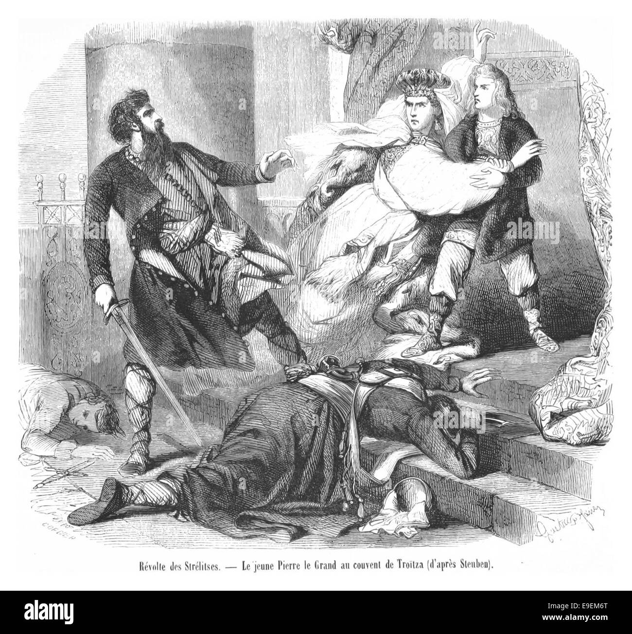 Diese Illustration zeigt die Revolte des Strelzj und eines jungen Peter dem Großen im Troitsa-Kloster, wobei ein bedeutendes Ereignis in der russischen Geschichte im Mittelpunkt steht. Stockfoto