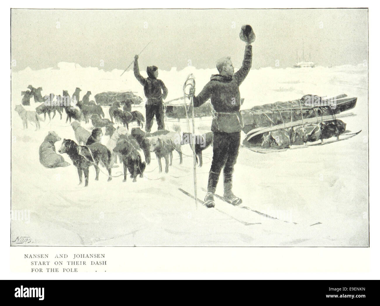 Diese Abbildung aus dem Jahr 1899 zeigt die Entdecker Nansen und Johansen, die ihre berühmte Expedition zum Nordpol beginnen und den Ehrgeiz und die Entschlossenheit der frühen Polarforschung festhalten. Stockfoto