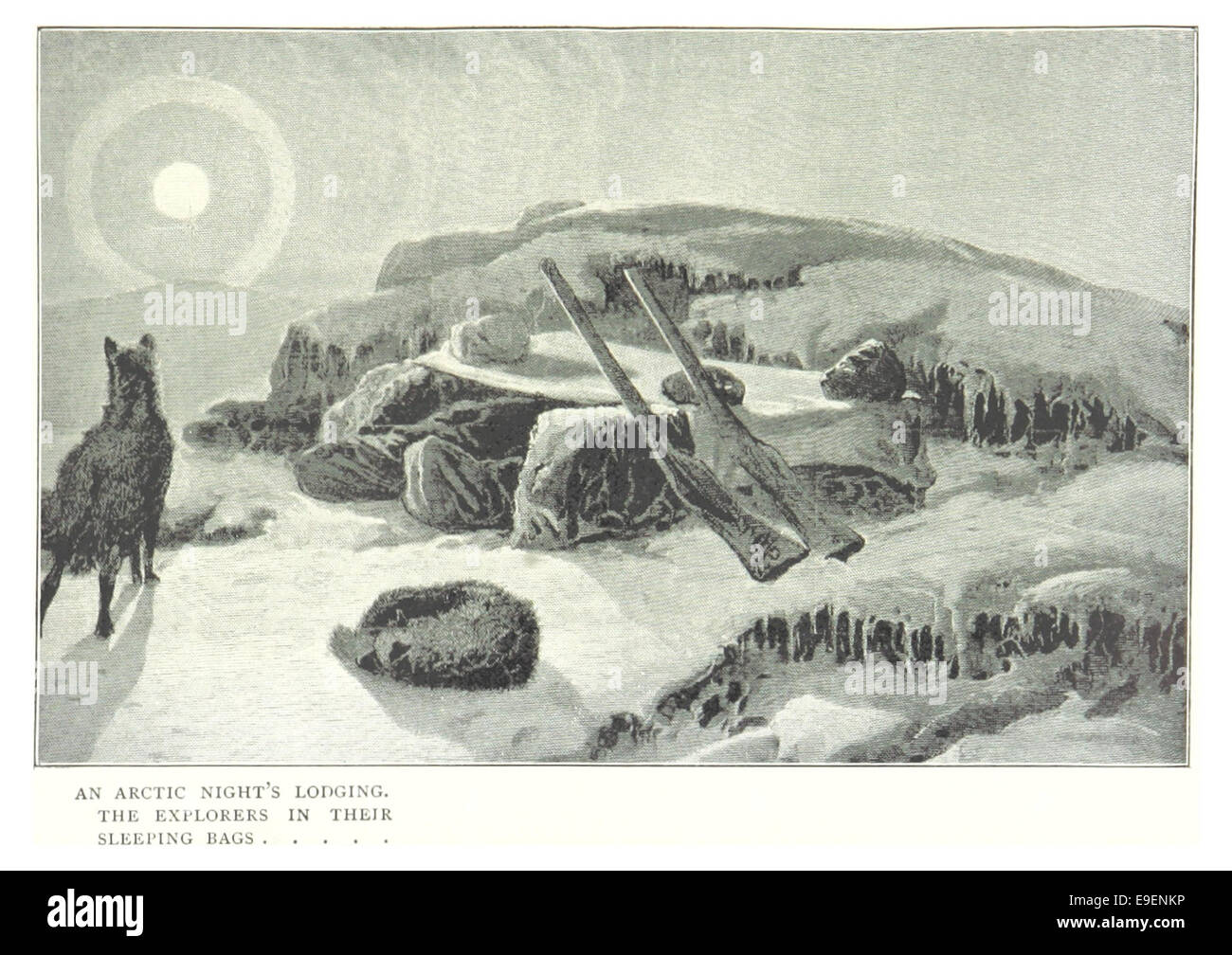 Eine Illustration aus dem Jahr 1899, die Entdecker in ihren Schlafsäcken während einer arktischen Nacht zeigt und einen Einblick in die rauen Bedingungen der arktischen Expeditionen um die Jahrhundertwende gewährt. Stockfoto