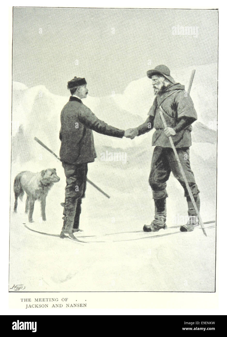 Diese Illustration aus dem Jahr 1899 zeigt das historische Treffen zwischen General Andrew Jackson und dem Entdecker Fridtjof Nansen und hebt deren Begegnung und Bedeutung in der Geschichte hervor. Stockfoto