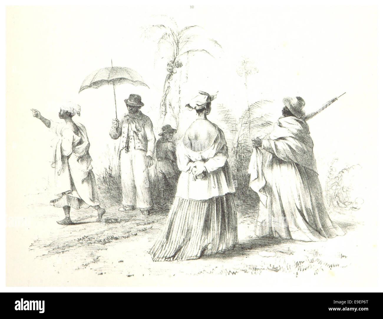 Diese Illustration von *SR165u* zeigt einheimische und afrikanische Kleidung, wobei der Schwerpunkt auf der traditionellen Kleidung der indigenen und afrikanischen Bevölkerung liegt und die kulturelle Vielfalt und die Kleiderstile in einem historischen Kontext veranschaulicht. Stockfoto