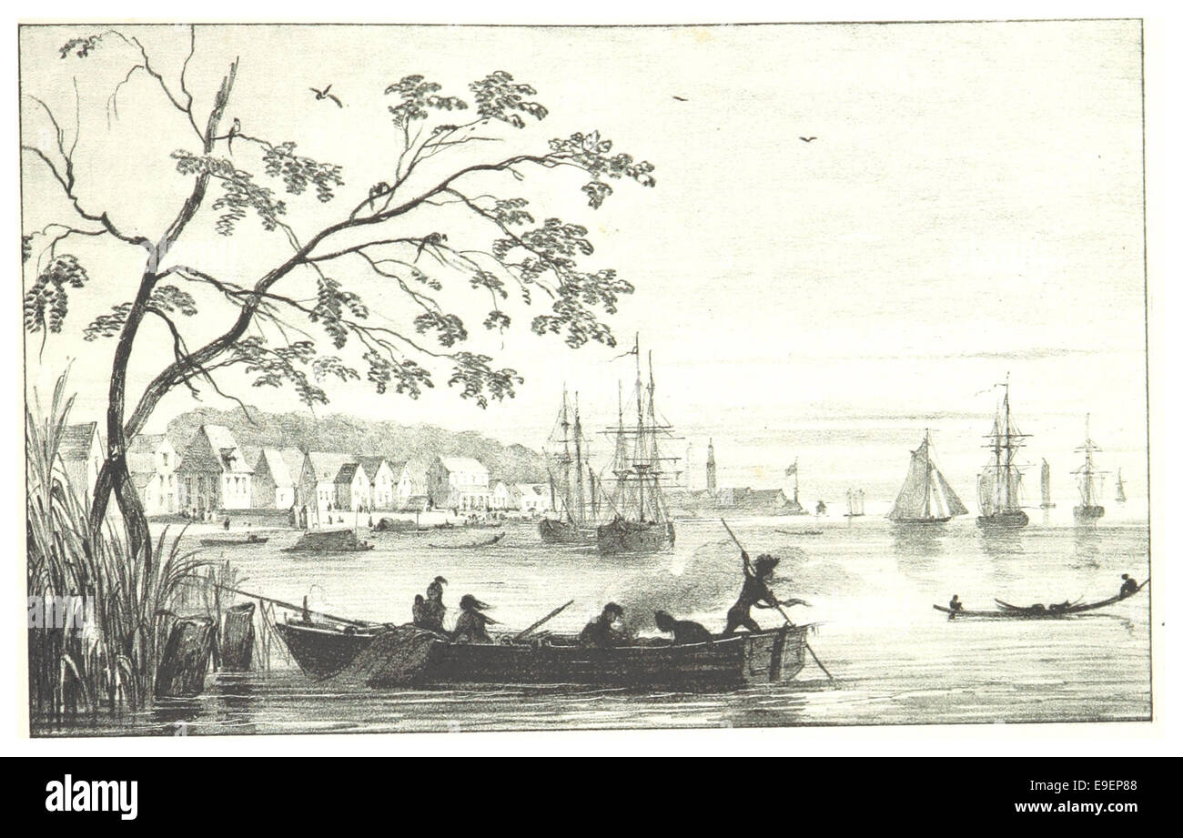 Eine historische Illustration oder Karte aus dem 19. Jahrhundert, die einen Blick auf den Hafen in Paramaribo, Suriname, zeigt, einem wichtigen kolonialen Handelszentrum. Stockfoto