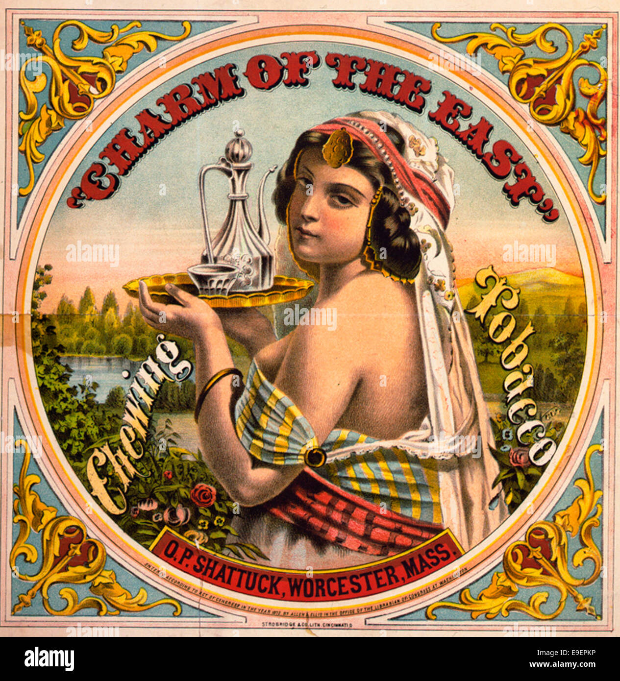 Charme der Osten kauen Tabak - Tabak-Label zeigt Brustbild einer Frau mit einem Tablett mit Karaffe und Glas, ca. 1872 Stockfoto
