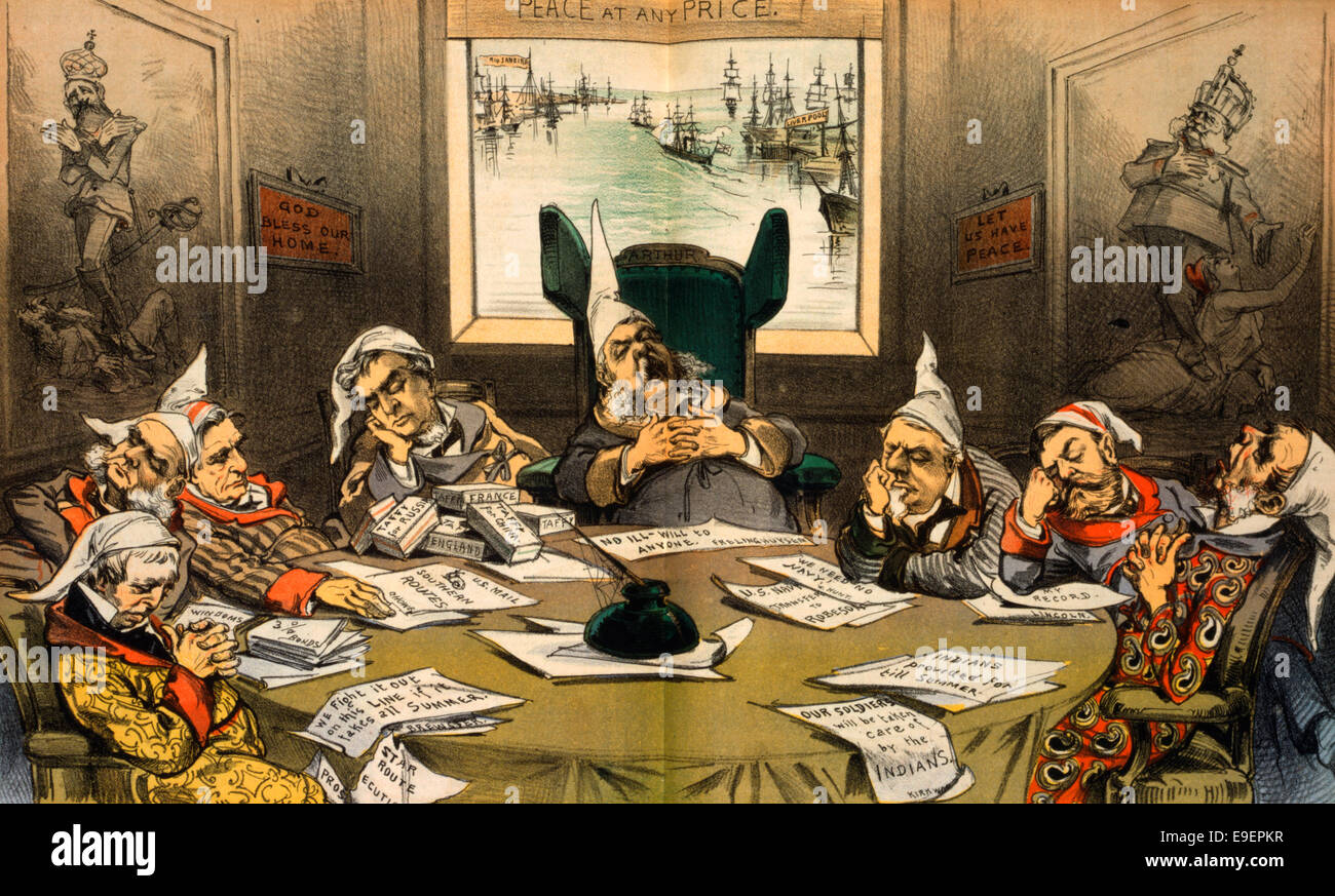 König Chester Arthur Knightcaps des Runden Tisches - politische Karikatur zeigt Chester Arthur und Mitglieder des Kabinetts, tragen Nachtmützen, Tisch, an dem sind Papiere, "keine Böswilligkeit zu jedermann," schlafen "Wir brauchen keine Marine", "Indianer versorgt bis in den Sommer," etc.. Ca. 1882 Stockfoto