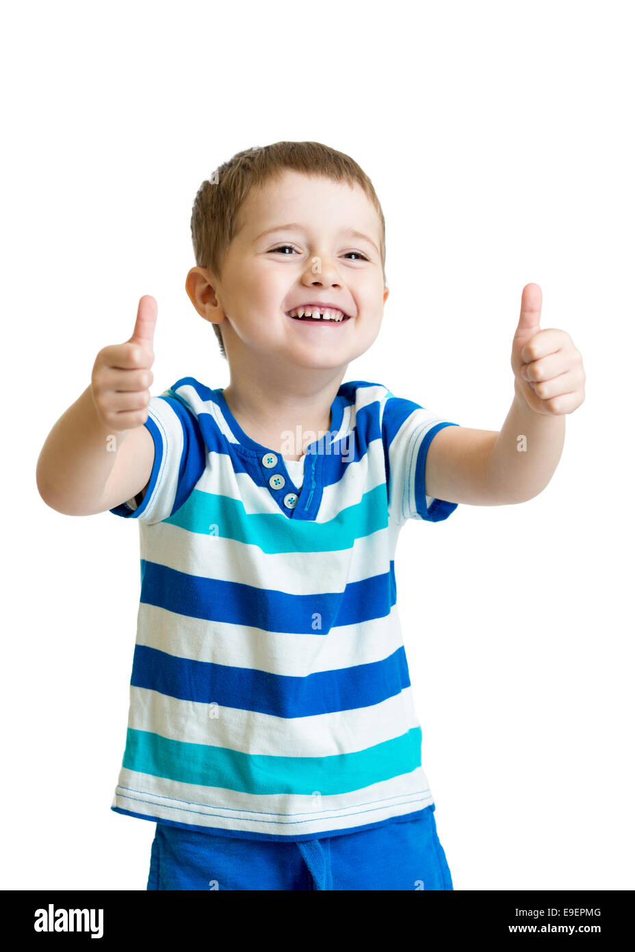 glückliches Kind Junge mit Händen Daumen nach oben Stockfoto