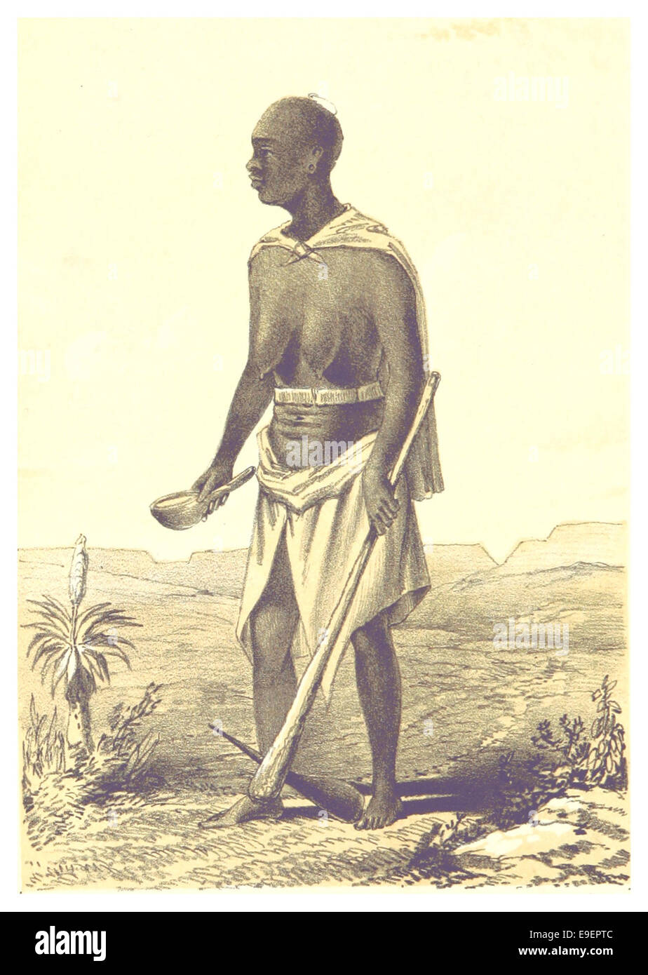 Diese Illustration aus dem 19. Jahrhundert zeigt eine verheiratete Frau in praktischer Kleidung, während sie in ihrem Garten arbeitet und das häusliche Leben während dieser Zeit reflektiert. Stockfoto