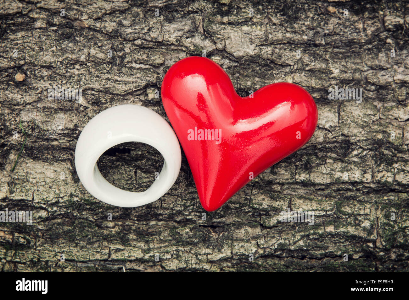 Rotes Herz und weißen Ring auf die Baumrinde. Romantische Liebe. Stockfoto