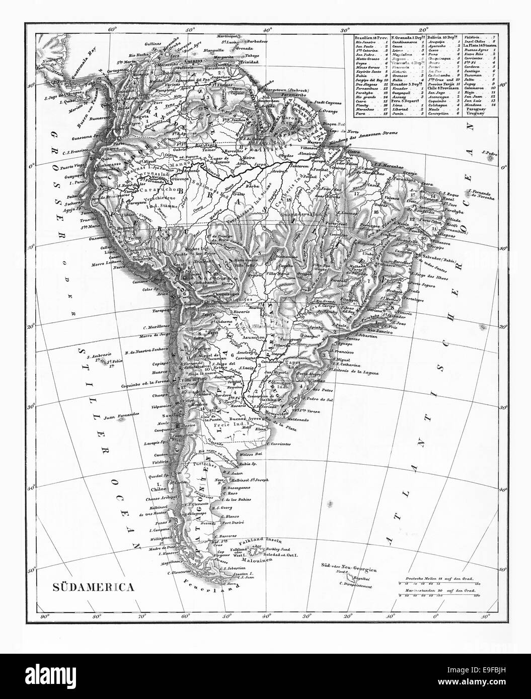 Gravierte Darstellung einer Karte von Südamerika von ikonographische Enzyklopädie der Wissenschaft, Literatur und Kunst, veröffentlicht im Jahre 1851 Stockfoto