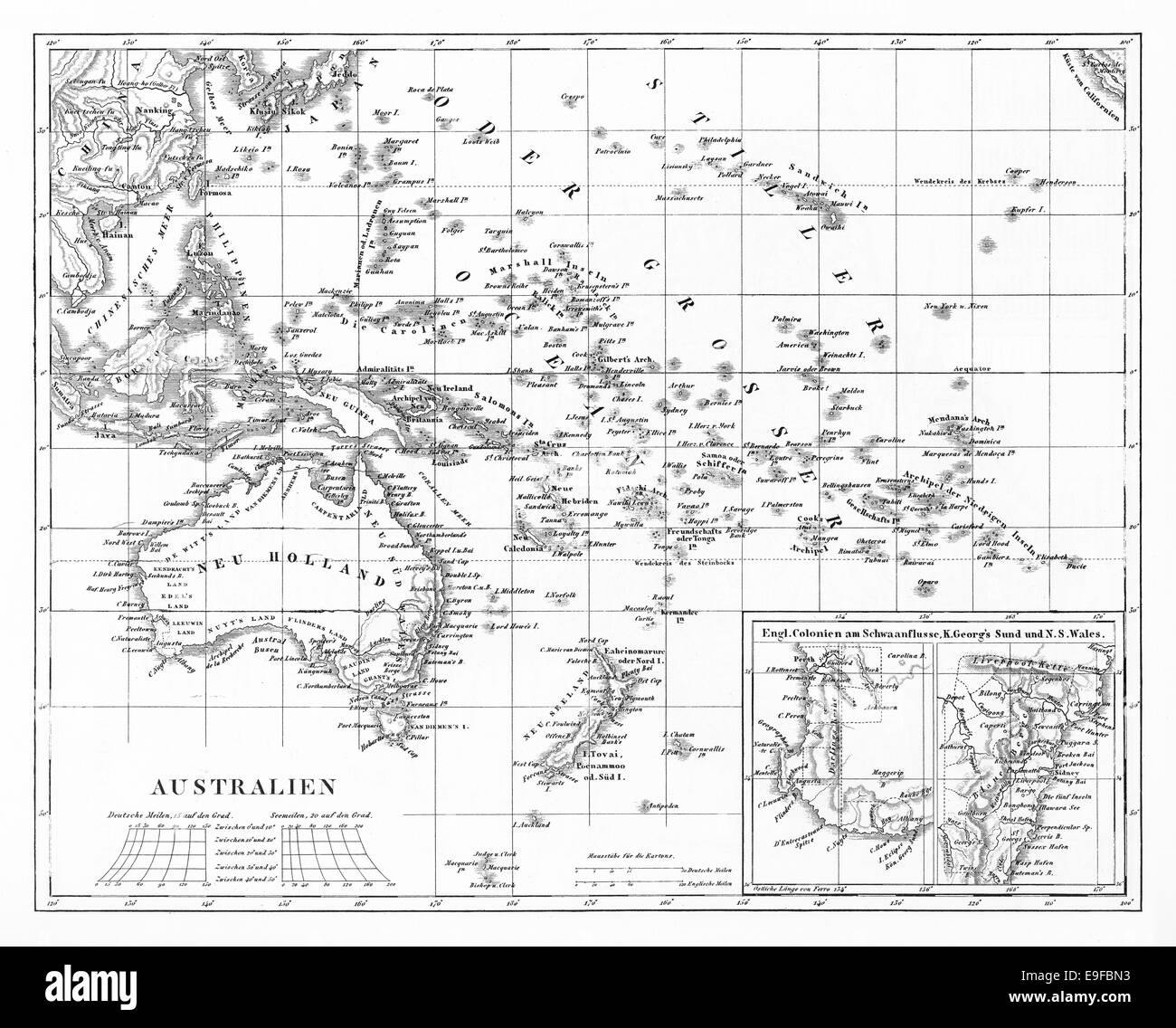 Gravierte Darstellung der eine Karte von Australien aus ikonographische Enzyklopädie der Wissenschaft, Literatur und Kunst, veröffentlicht im Jahre 1851 Stockfoto