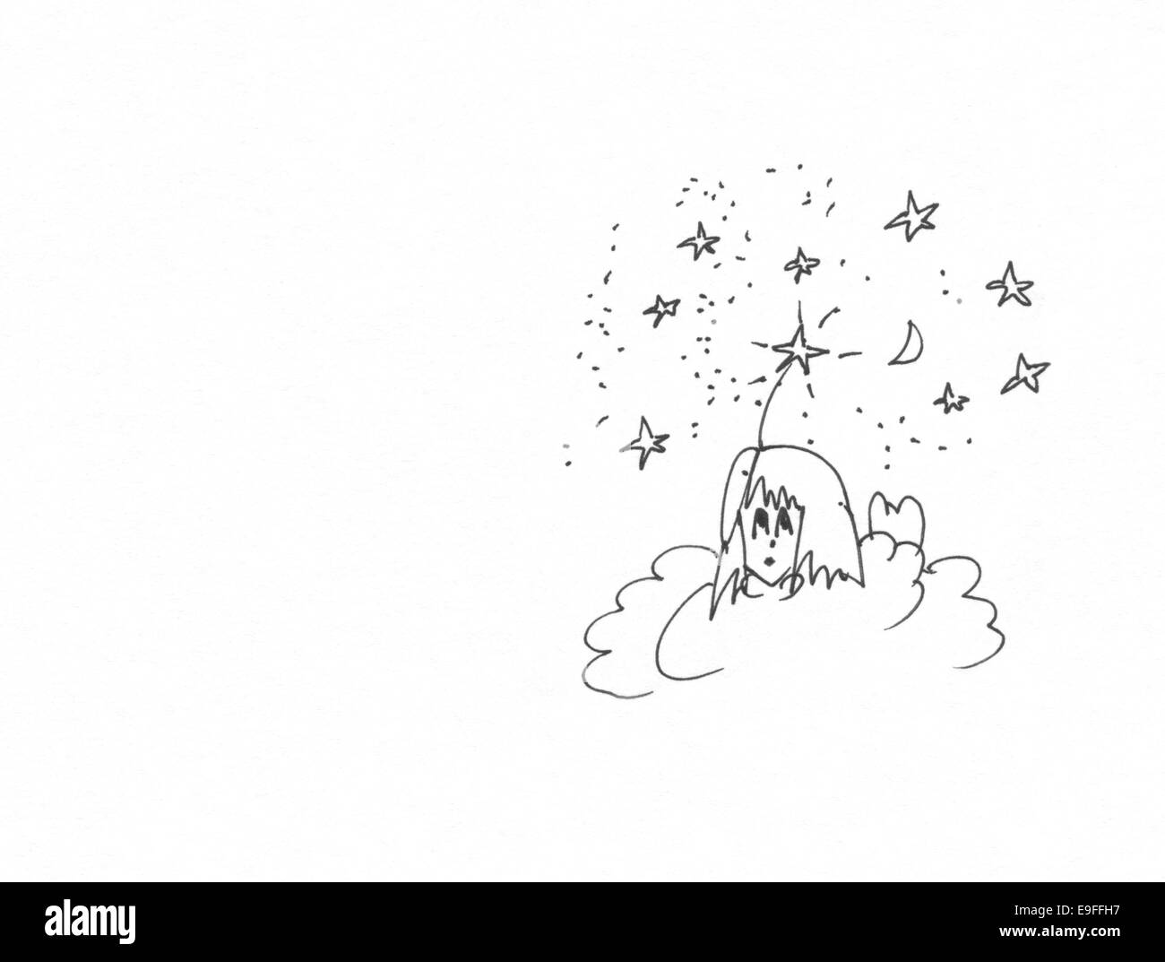 Engel mit Haltung. Cartoon-Federzeichnung in schwarz und weiß, Papierstruktur, leicht eingefärbte zeichnen. Stockfoto