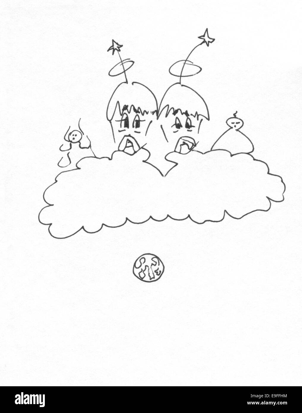 Engel mit Haltung. Cartoon-Federzeichnung in schwarz und weiß, Papierstruktur, leicht eingefärbte zeichnen. Stockfoto