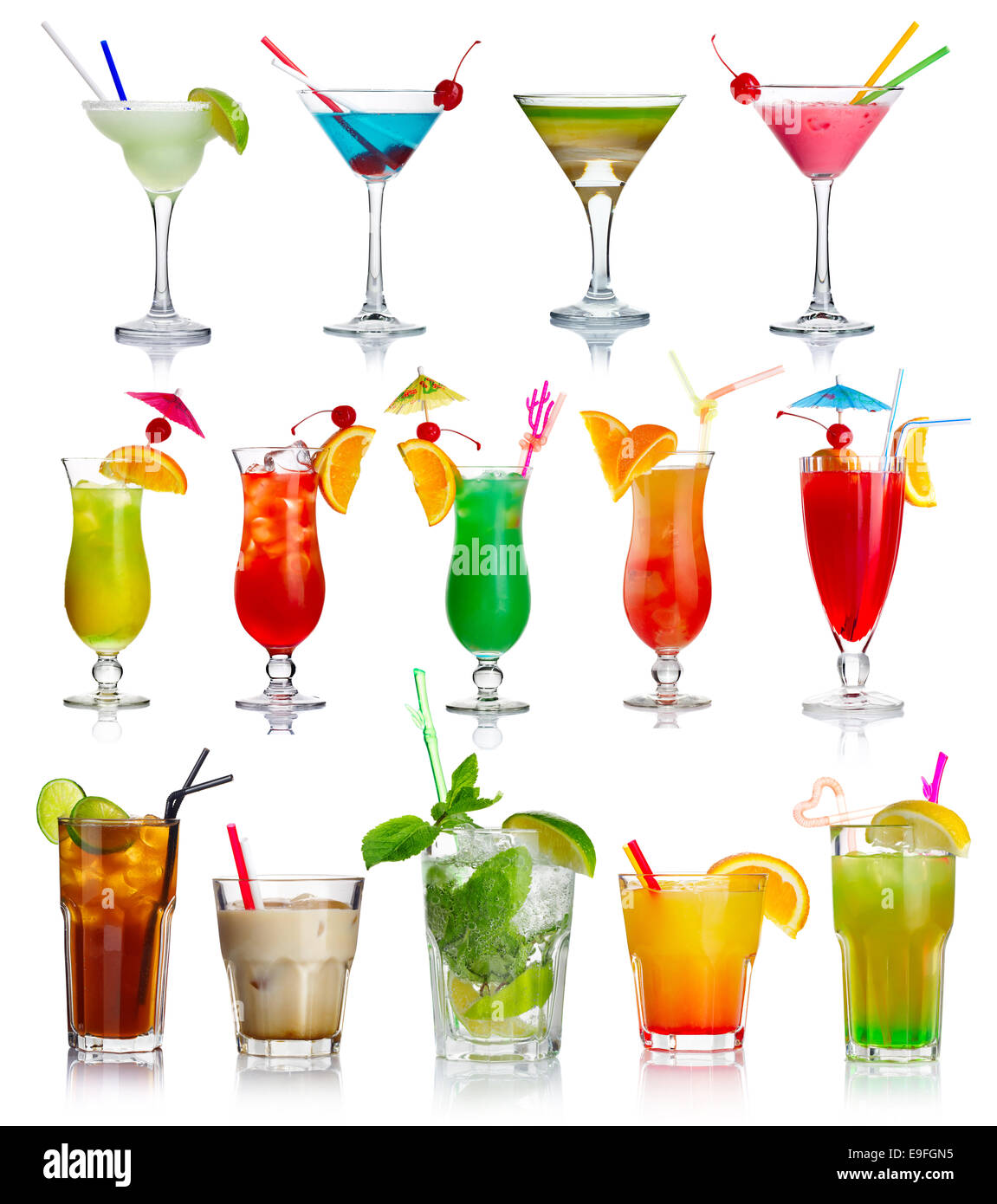 Satz von Alkohol Cocktails isoliert auf weiss Stockfoto