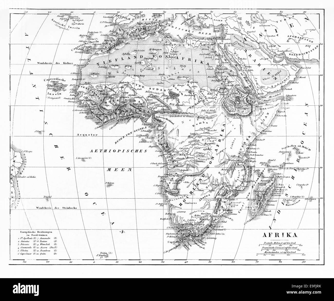 Gravierten Abbildung einer Karte Afrikas von ikonographische Enzyklopädie der Wissenschaft, Literatur und Kunst, veröffentlicht im Jahre 1851 Stockfoto