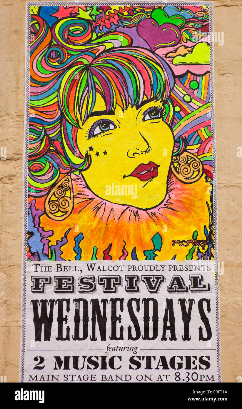 Großbritannien, England, Wiltshire, Bad, Walcot Street, 60er Jahre style Psychedelic-Musik-Poster-Design für Bell Inn Stockfoto